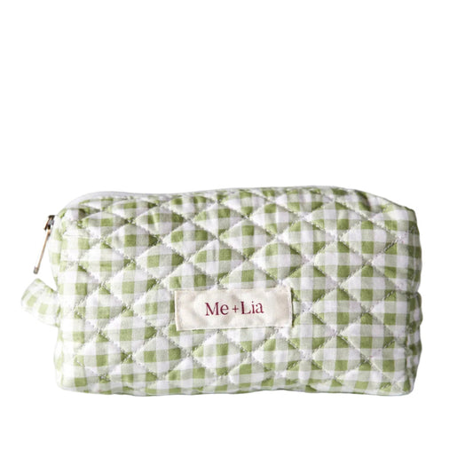 Gingham Matcha Make-up Pouch Small — green gingham quilted cotton cosmetic pouch with Me + Lia label