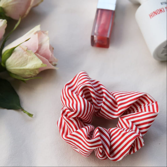 Scrunchie Red Pinstripe detail — women's cotton red and white pinstripe scrunchie