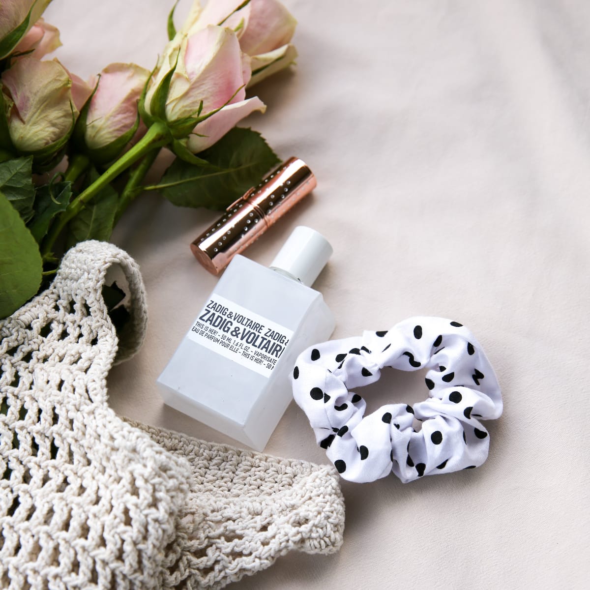 Mila Milk — matching white polka dot cotton scrunchie styling detail