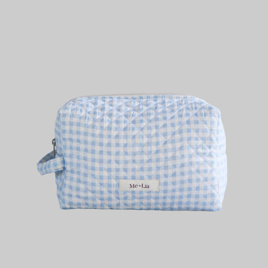Gingham Blue Make-up Bag Large — interior of blue gingham cotton cosmetic bag