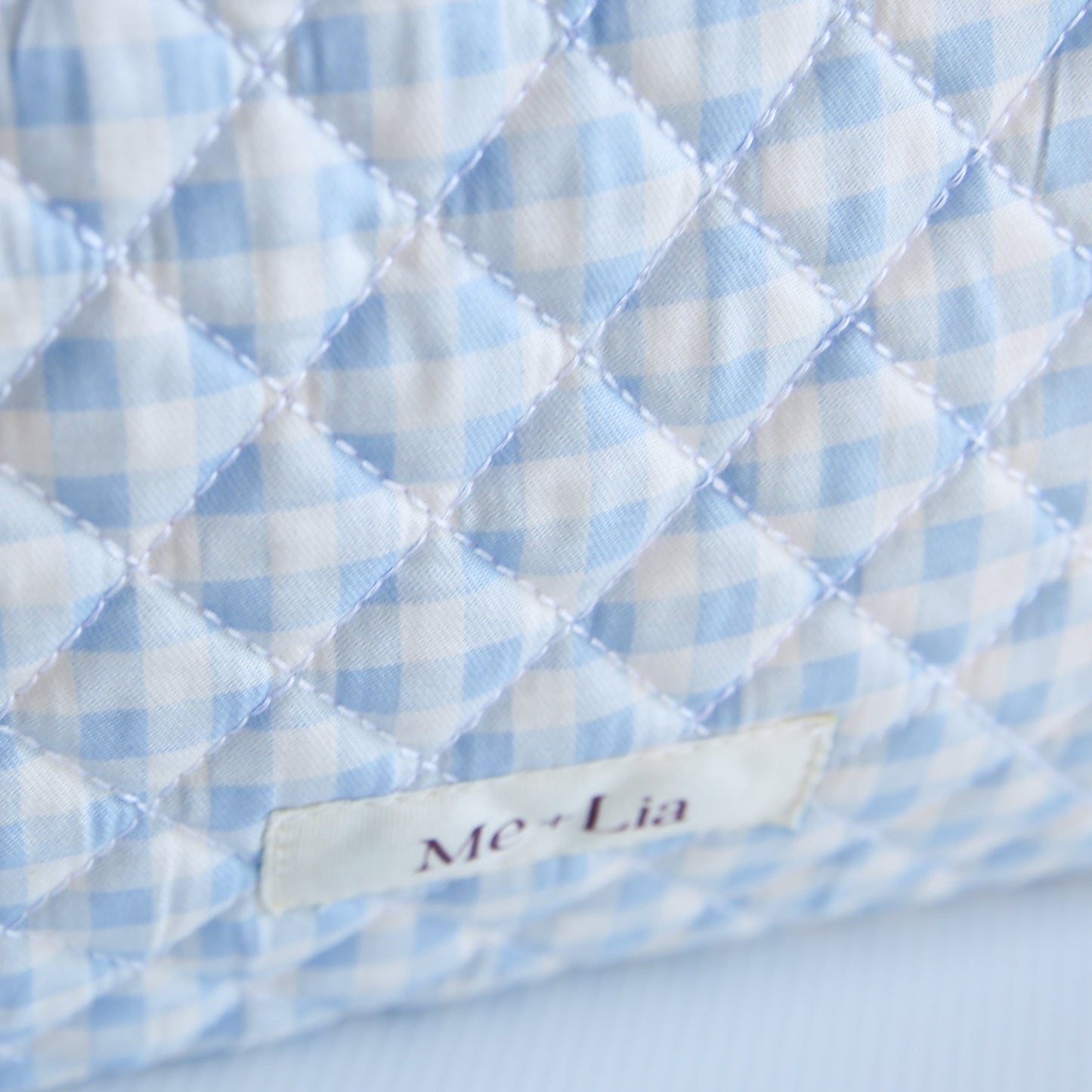 Gingham Blue Make-up Bag Large detail — blue gingham check on premium cotton