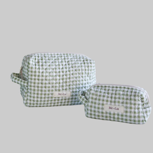 Gingham Matcha Make-up Pouch Small — interior of green gingham cotton pouch