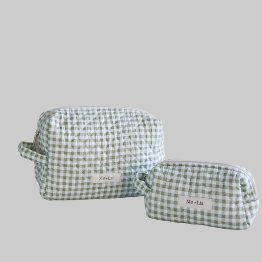 Gingham Matcha Make-up Bag Large — interior of green gingham cotton cosmetic bag
