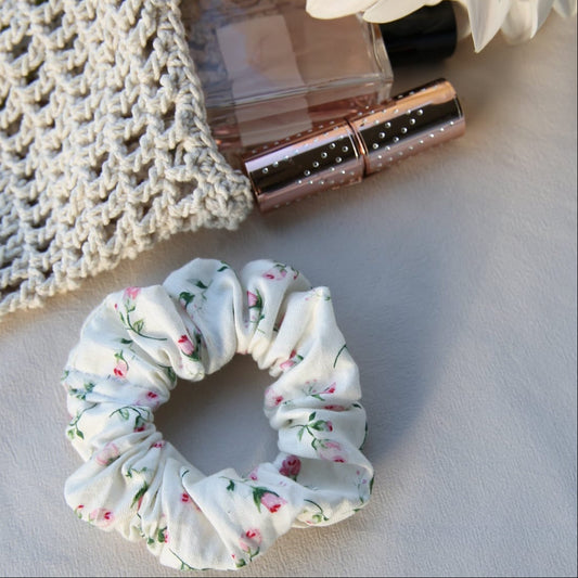 Cloud Rose Scrunchie detail — premium cotton cloud rose floral scrunchie