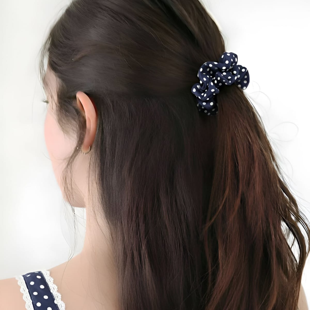 Scrunchie Navy Polka Dot close up — cotton scrunchie in navy polka dot print