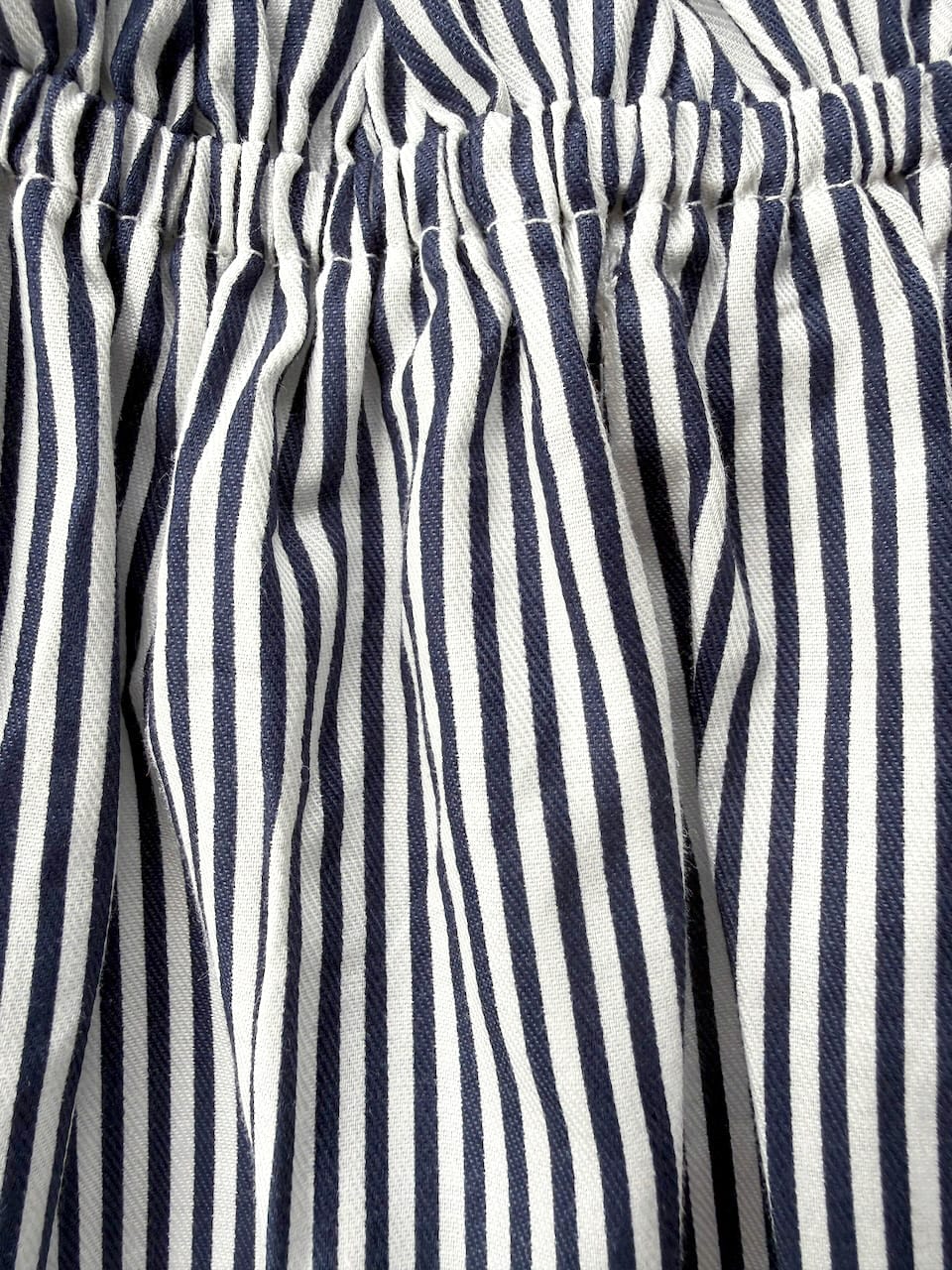Martina Midnight full length — women's premium cotton navy pinstripe midi dress with deep side pockets and tiered skirt
