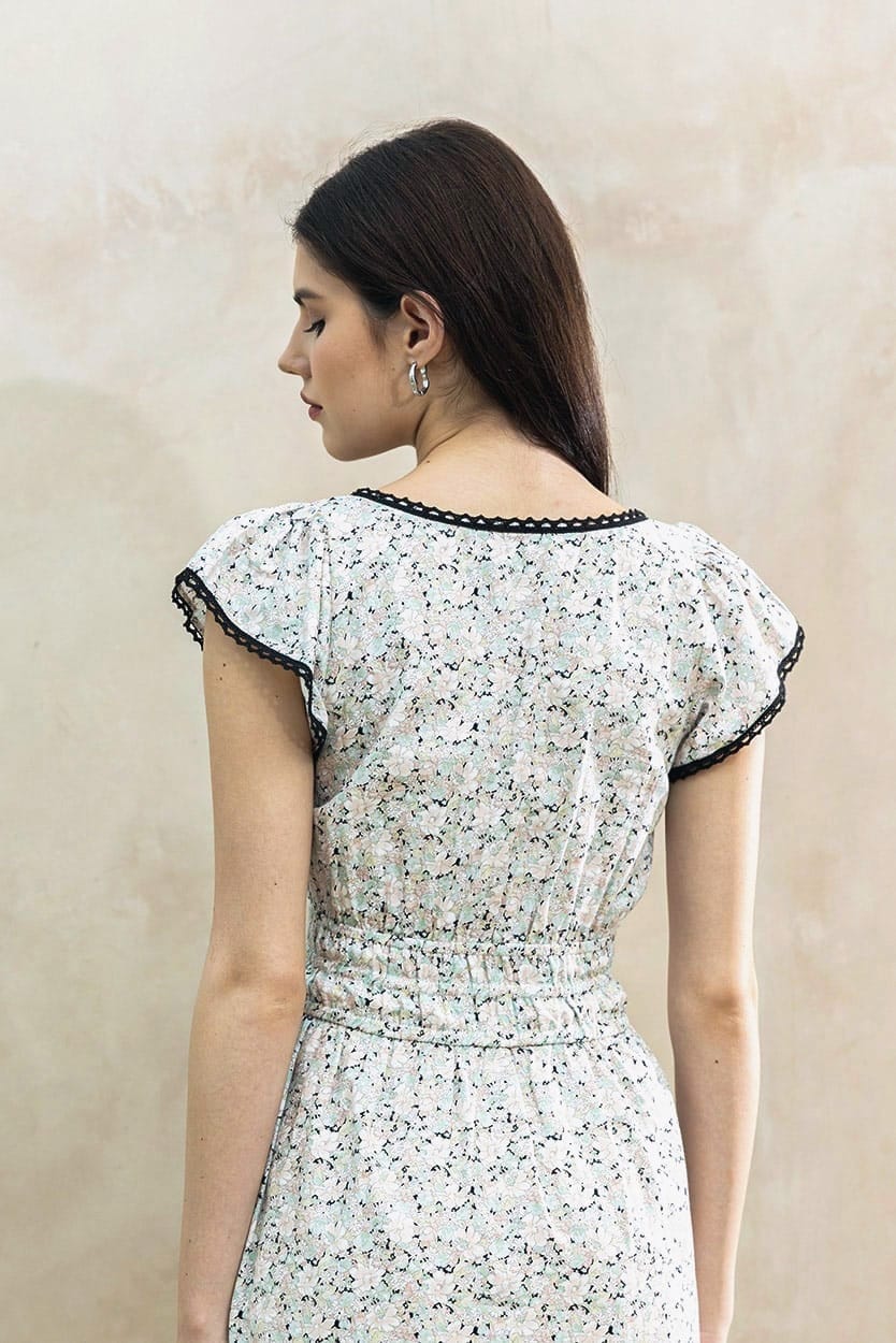 Juliet Black Blossom detail — contrast lace trim and soft floral print on premium black cotton