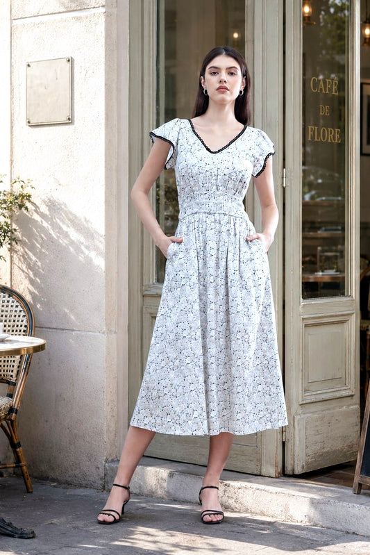 Juliet Black Blossom — women's black floral cotton midi dress with flutter sleeves, lace trim and A-line skirt