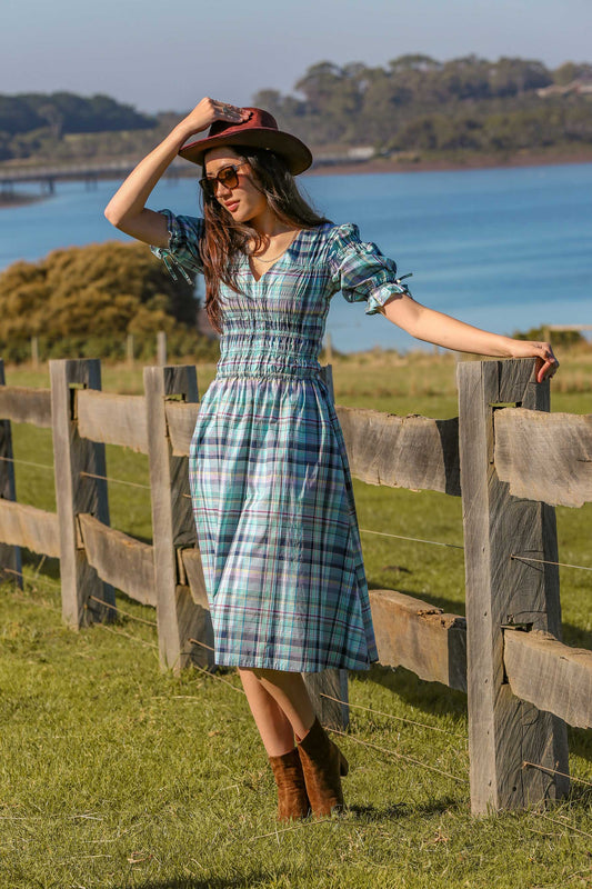 Clairo Meadow — women's mint and navy plaid cotton midi dress with feminine silhouette