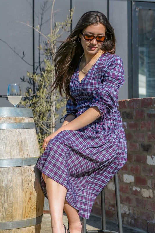 Tassia Plum — women's purple plaid cotton midi dress with navy and burgundy accents