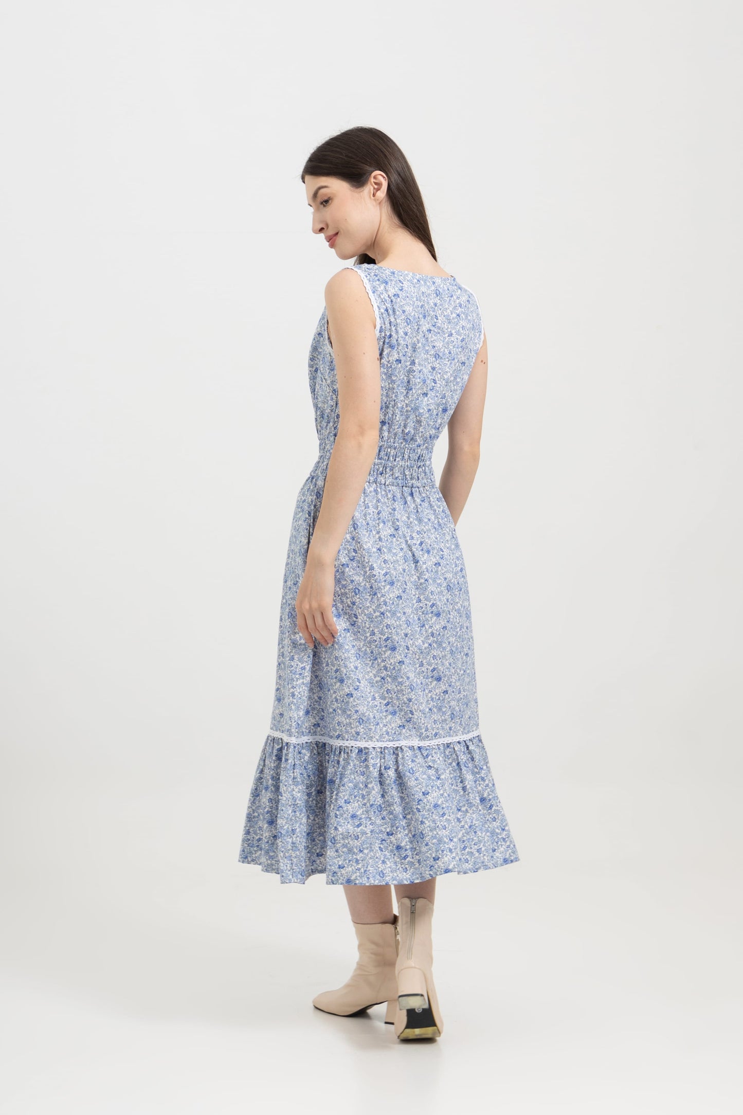 Bianca Blue Blossom lifestyle — women's floral cotton daydream dress styled outdoors