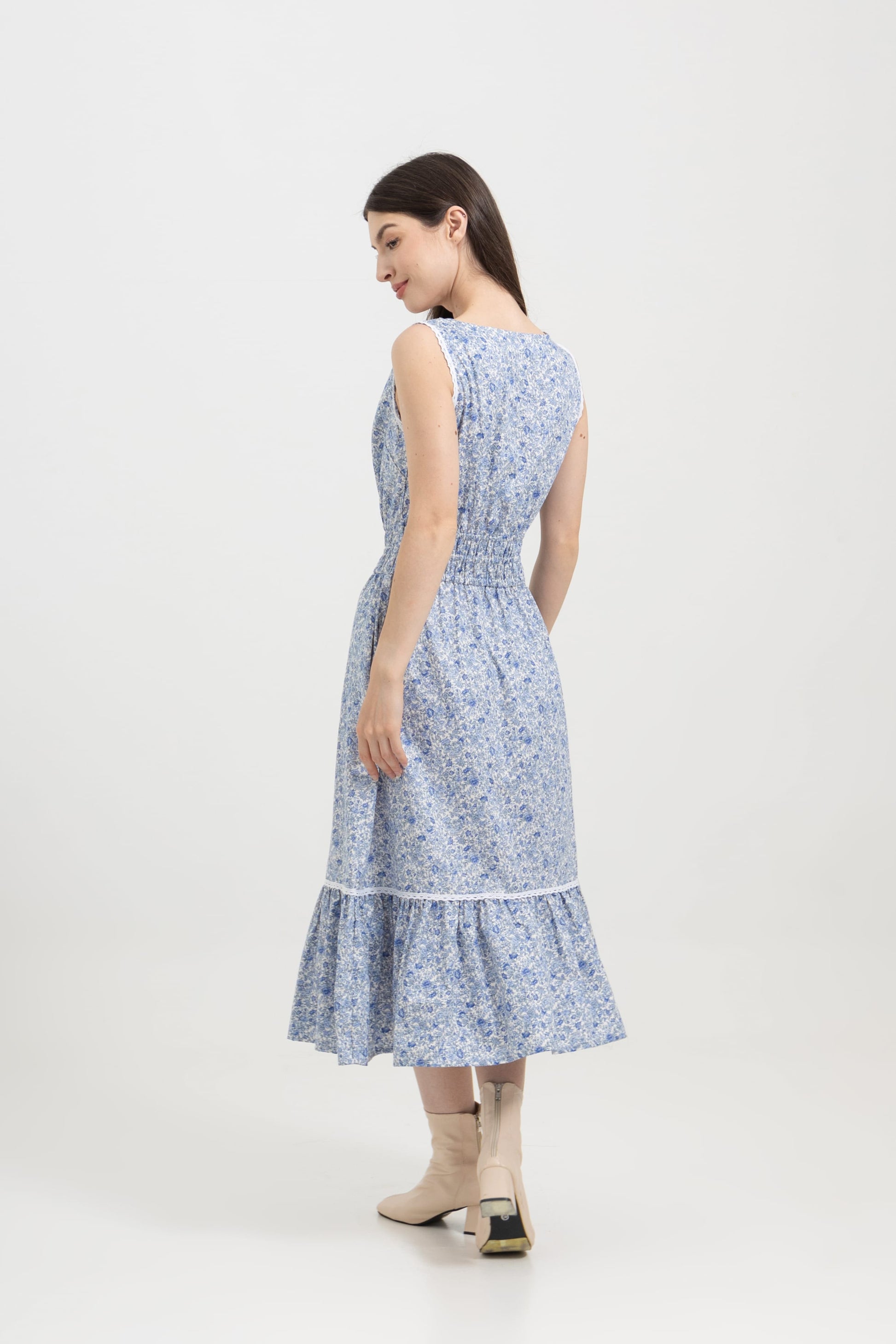 Bianca Blue Blossom lifestyle — women's floral cotton daydream dress styled outdoors