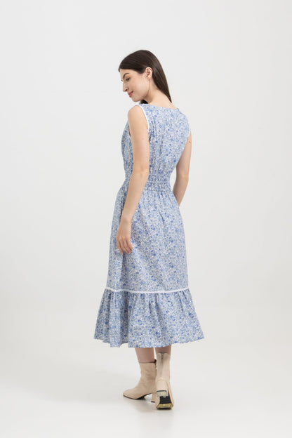 Bianca Blue Blossom lifestyle — women's floral cotton daydream dress styled outdoors