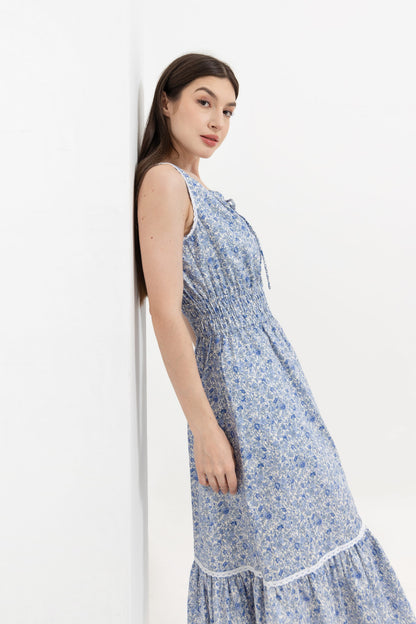Bianca Blue Blossom detail — delicate blue florals on white cotton with lace trim