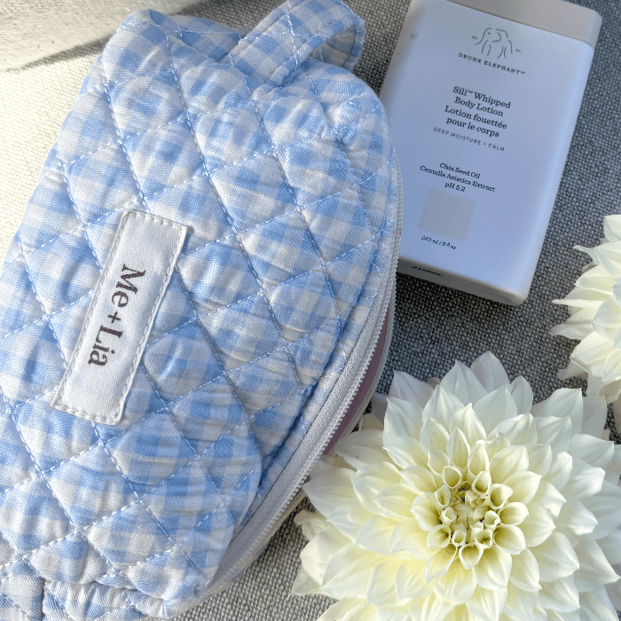 Gingham Blue Make-up Pouch Small — blue gingham cotton cosmetic pouch with zip