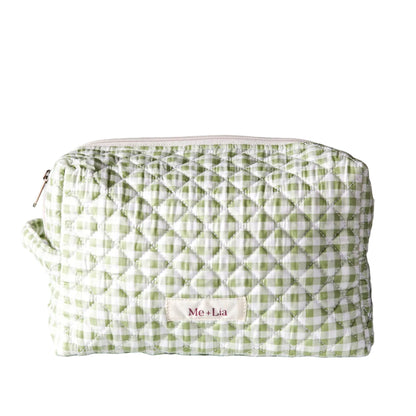 Gingham Matcha Make-up Bag Large — green gingham quilted cotton travel pouch with Me + Lia label