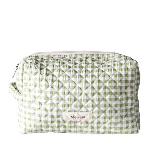 Gingham Matcha Make-up Bag Large — green gingham quilted cotton travel pouch with Me + Lia label