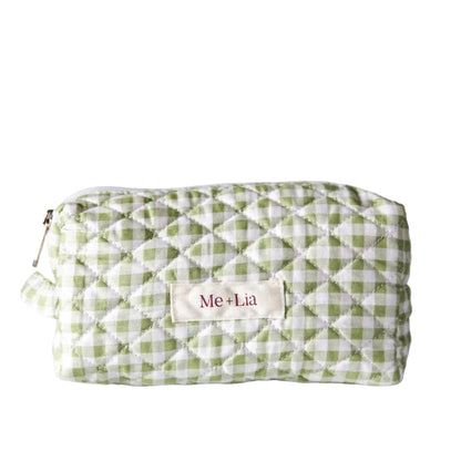 Gingham Matcha Make-up Pouch Small — green gingham quilted cotton cosmetic pouch with Me + Lia label