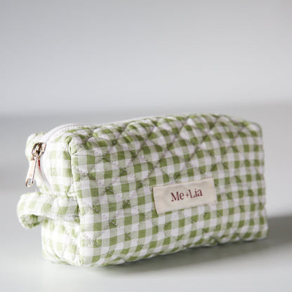 Gingham Matcha Make-up Pouch Small — green gingham quilted cotton pouch with open zip and contrast lining