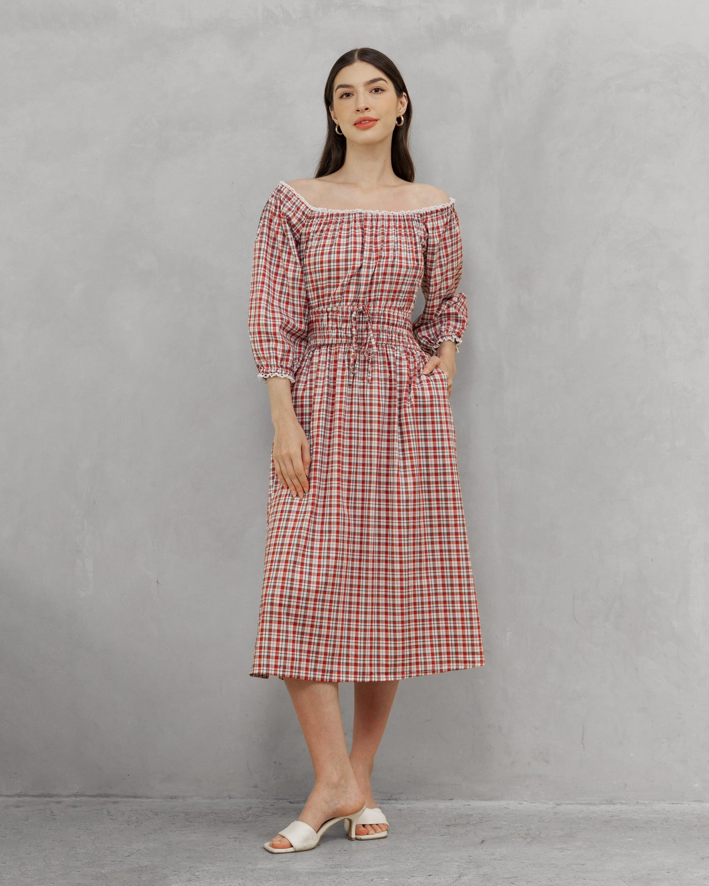 Siena Scarlet side view — women's red plaid cotton dress with deep side pockets