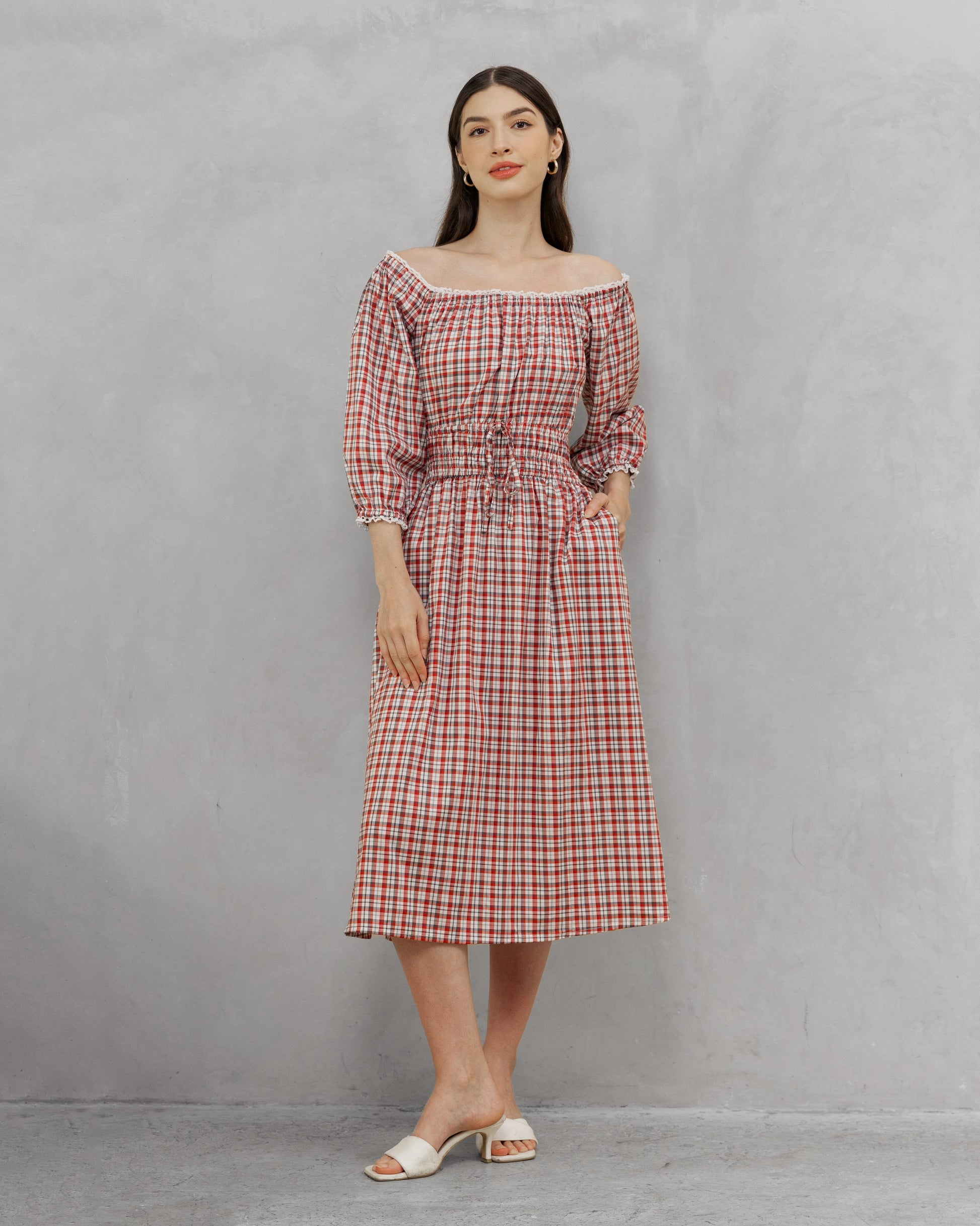 Siena Scarlet side view — women's red plaid cotton dress with deep side pockets