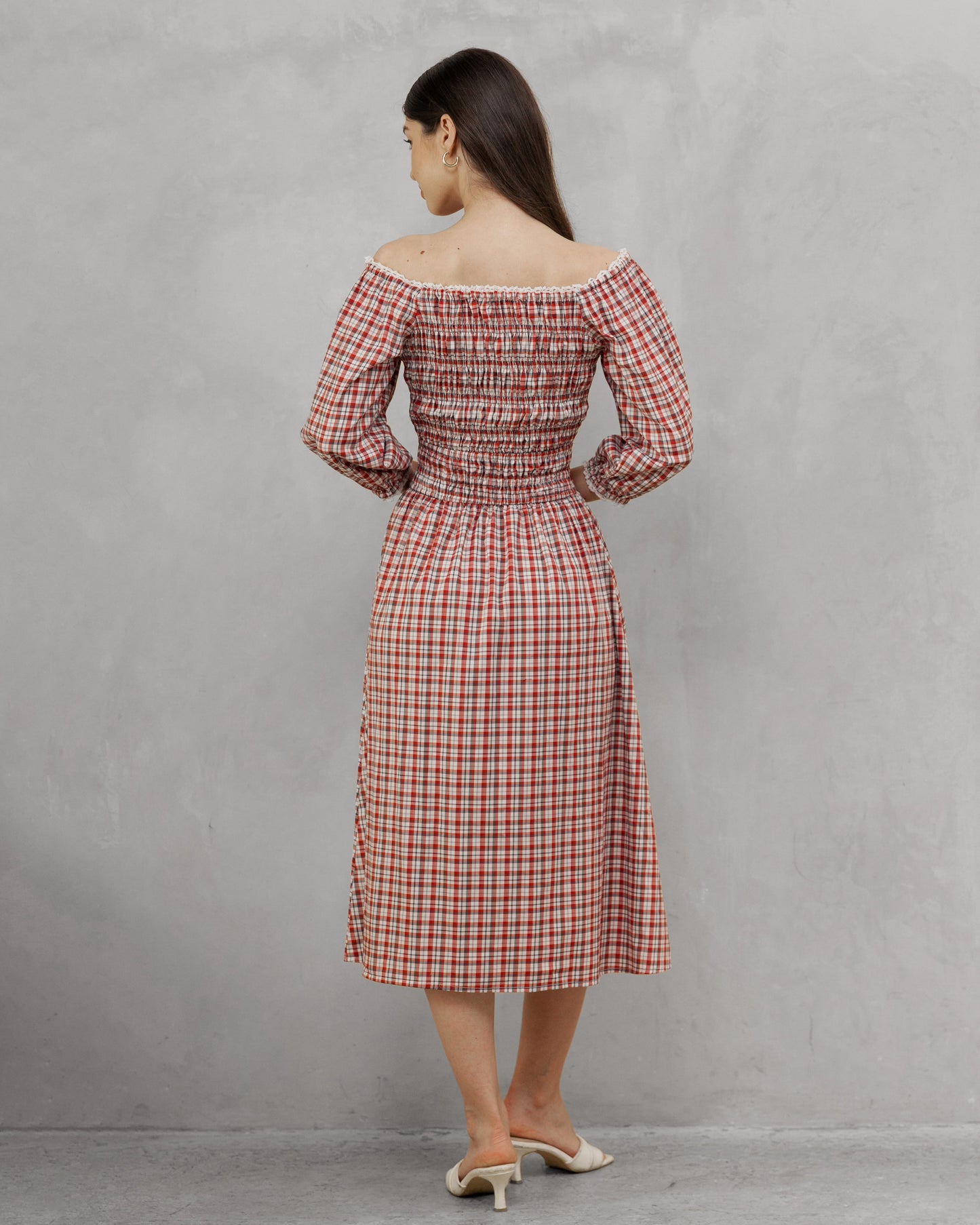 Siena Scarlet back view — women's premium cotton plaid midi dress in scarlet red