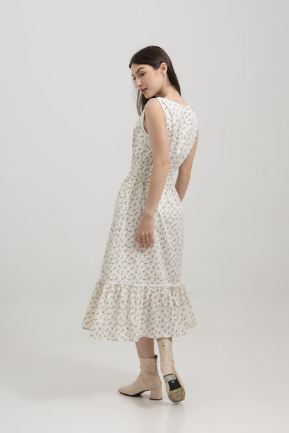 Bianca Cloud Rose back view — slip-on cotton midi dress with deep side pockets