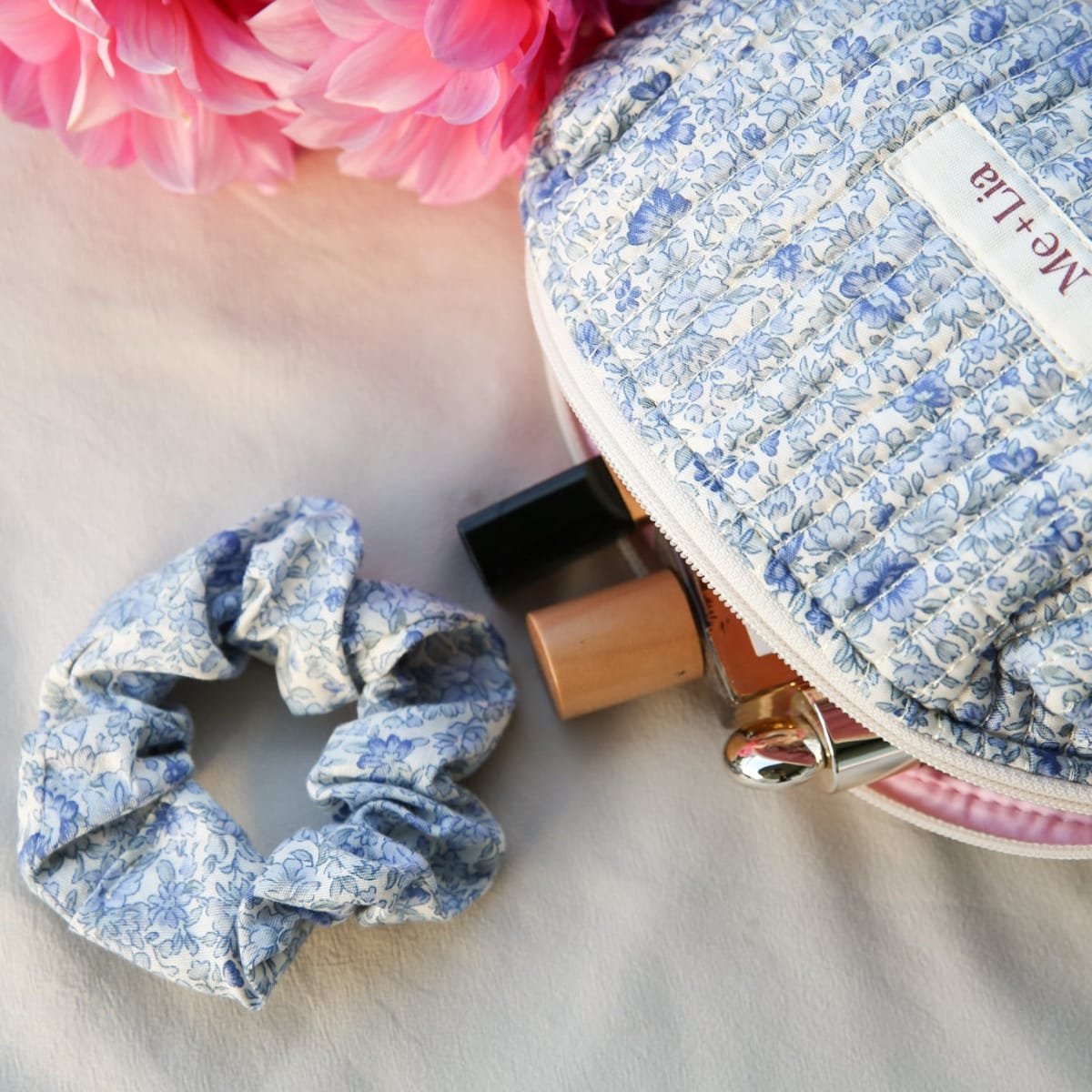 Blue Blossom Scrunchie close up — premium cotton blue floral hair scrunchie