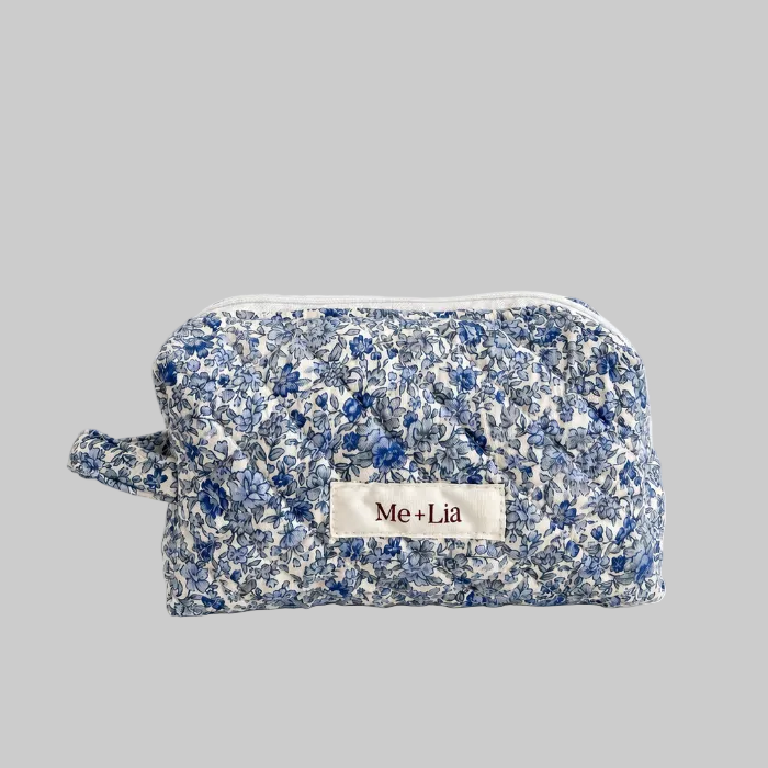 Blue Blossom Make-up Pouch Small — interior of blue floral cotton pouch
