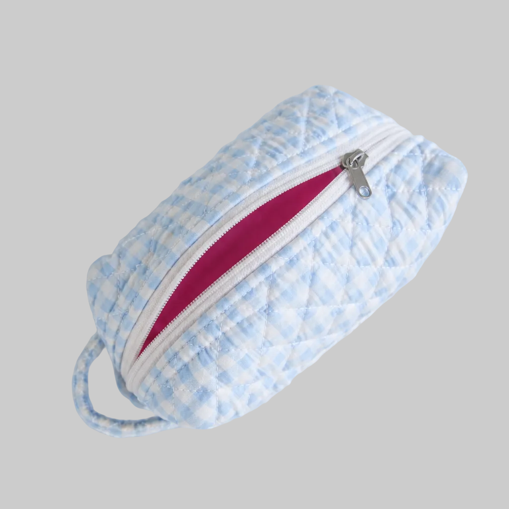 Gingham Blue Make-up Pouch Small detail — blue gingham check on premium cotton