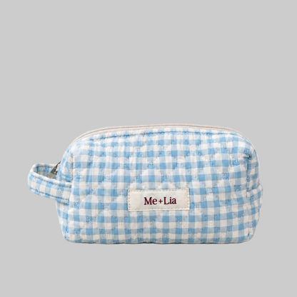 Gingham Blue Make-up Pouch Small — interior of blue gingham cotton pouch