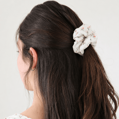 Cloud Rose Scrunchie close up — premium cotton cloud rose floral scrunchie