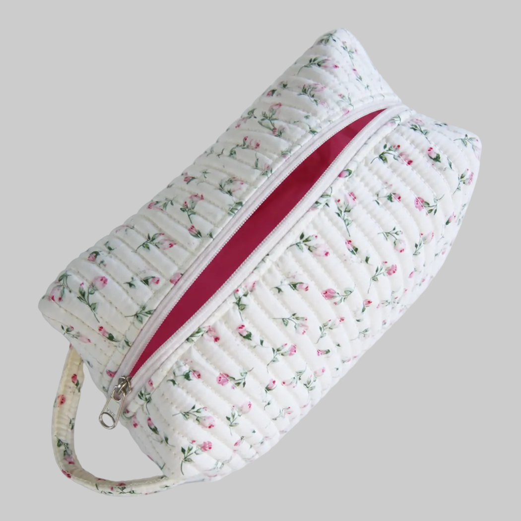 Cloud Rose Make-up Bag Large detail — cloud rose floral print on premium cotton