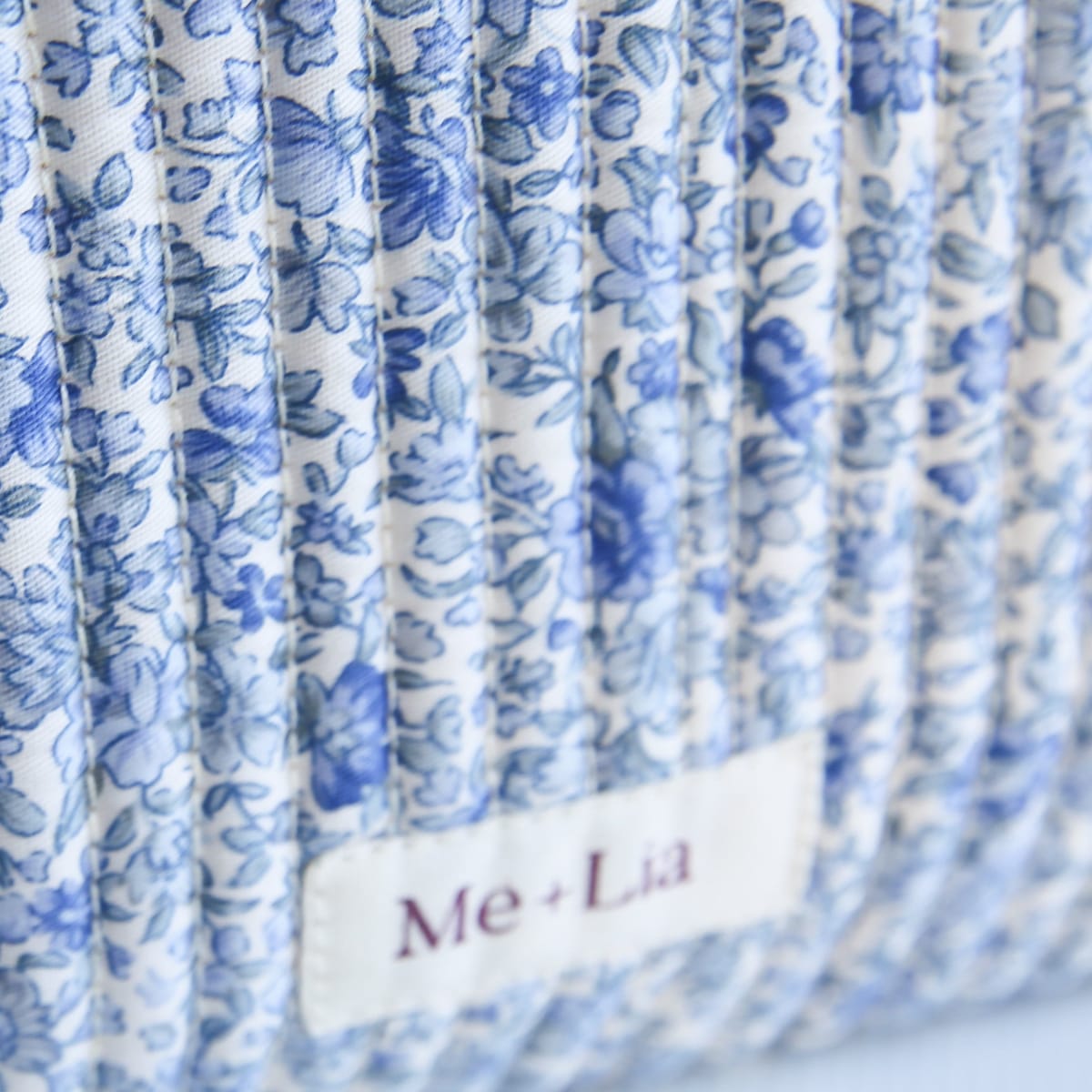 Blue Blossom Make-up Bag Large detail — blue floral print on premium cotton