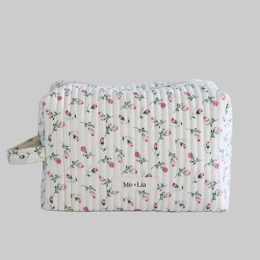 Cloud Rose Make-up Bag Large — interior of cloud rose floral cotton cosmetic bag