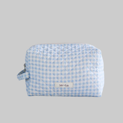 Gingham Blue Make-up Bag Large — interior of blue gingham cotton cosmetic bag