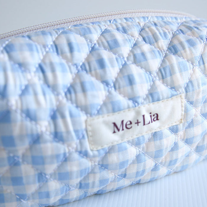 Gingham Blue Make-up Pouch Small — blue gingham cotton pouch held in hand