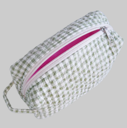 Gingham Matcha Make-up Bag Large detail — green gingham check on premium cotton
