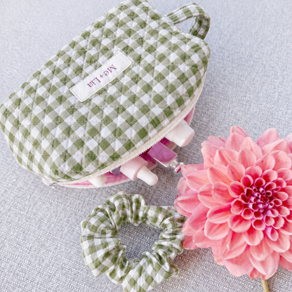 Gingham Matcha Make-up Pouch Small — green gingham cotton cosmetic pouch with zip