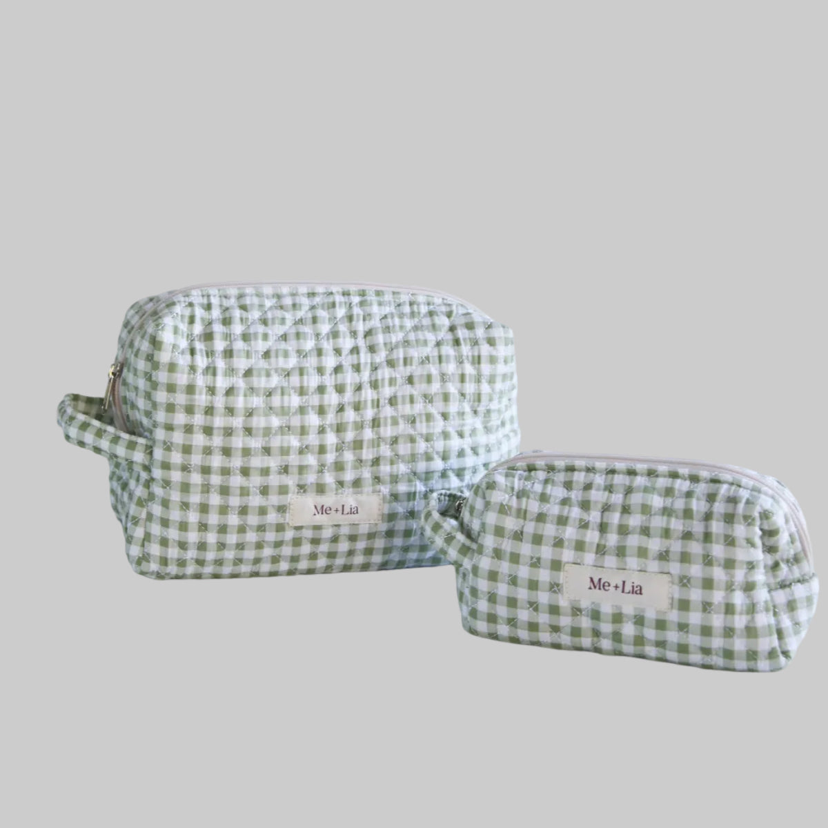 Gingham Matcha Make-up Pouch Small — interior of green gingham cotton pouch