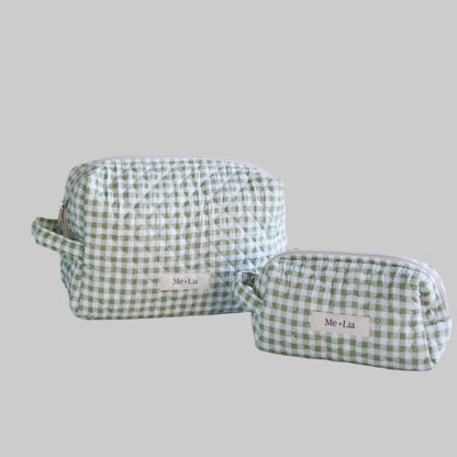 Gingham Matcha Make-up Pouch Small — interior of green gingham cotton pouch