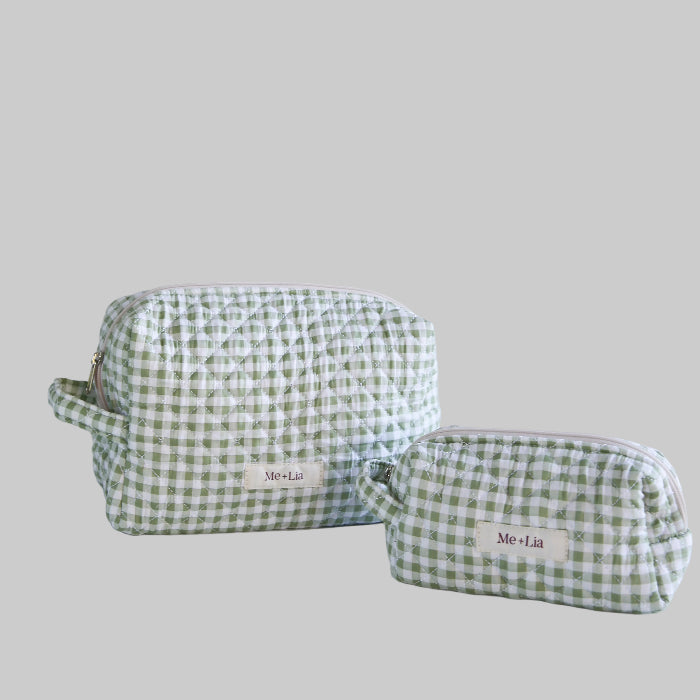 Gingham Matcha Make-up Bag Large — interior of green gingham cotton cosmetic bag