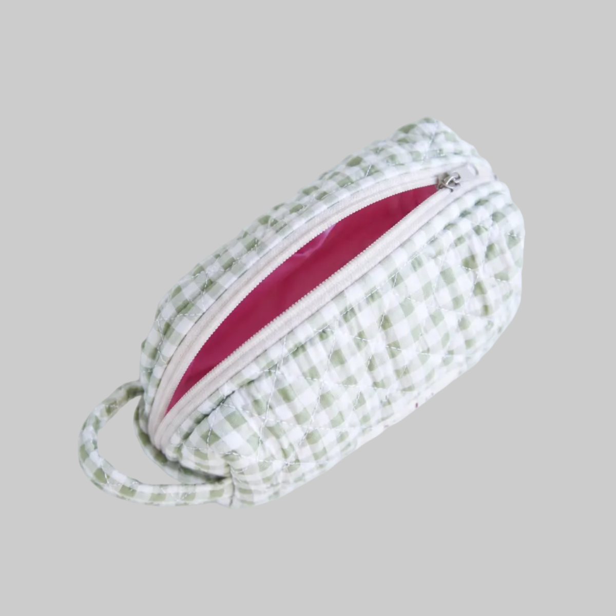 Gingham Matcha Make-up Pouch Small detail — green gingham check on premium cotton