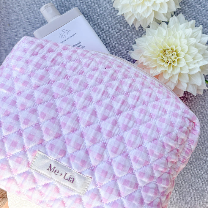 Gingham Pink make-up pouch detail