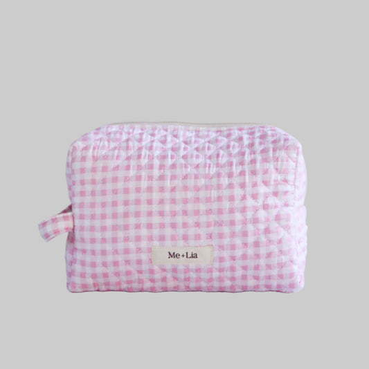 Gingham Pink Make-up Bag Large — interior of pink gingham cotton cosmetic bag