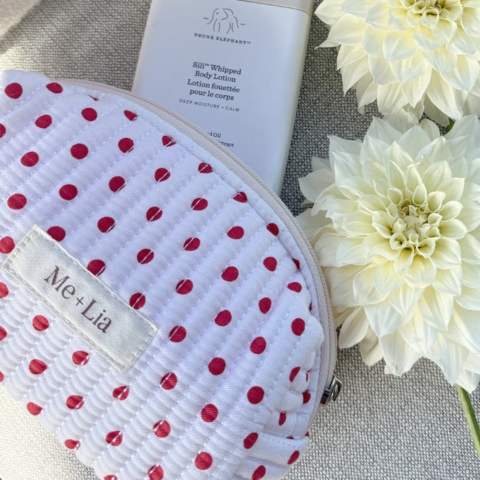 Polkadot Red Make-up Bag Large — red polka dot cotton travel pouch with zip
