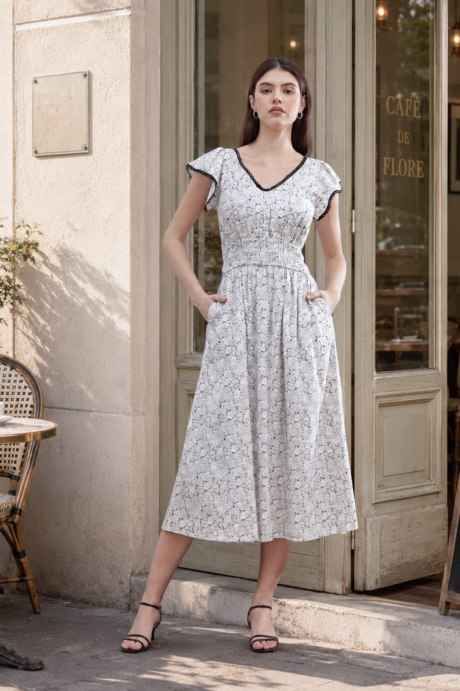 Juliet Black Blossom — women's black floral cotton midi dress with flutter sleeves and lace trim
