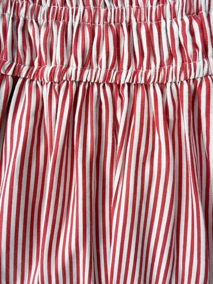 Martina Cherry full length — women's premium cotton red pinstripe midi dress with deep side pockets and tiered skirt