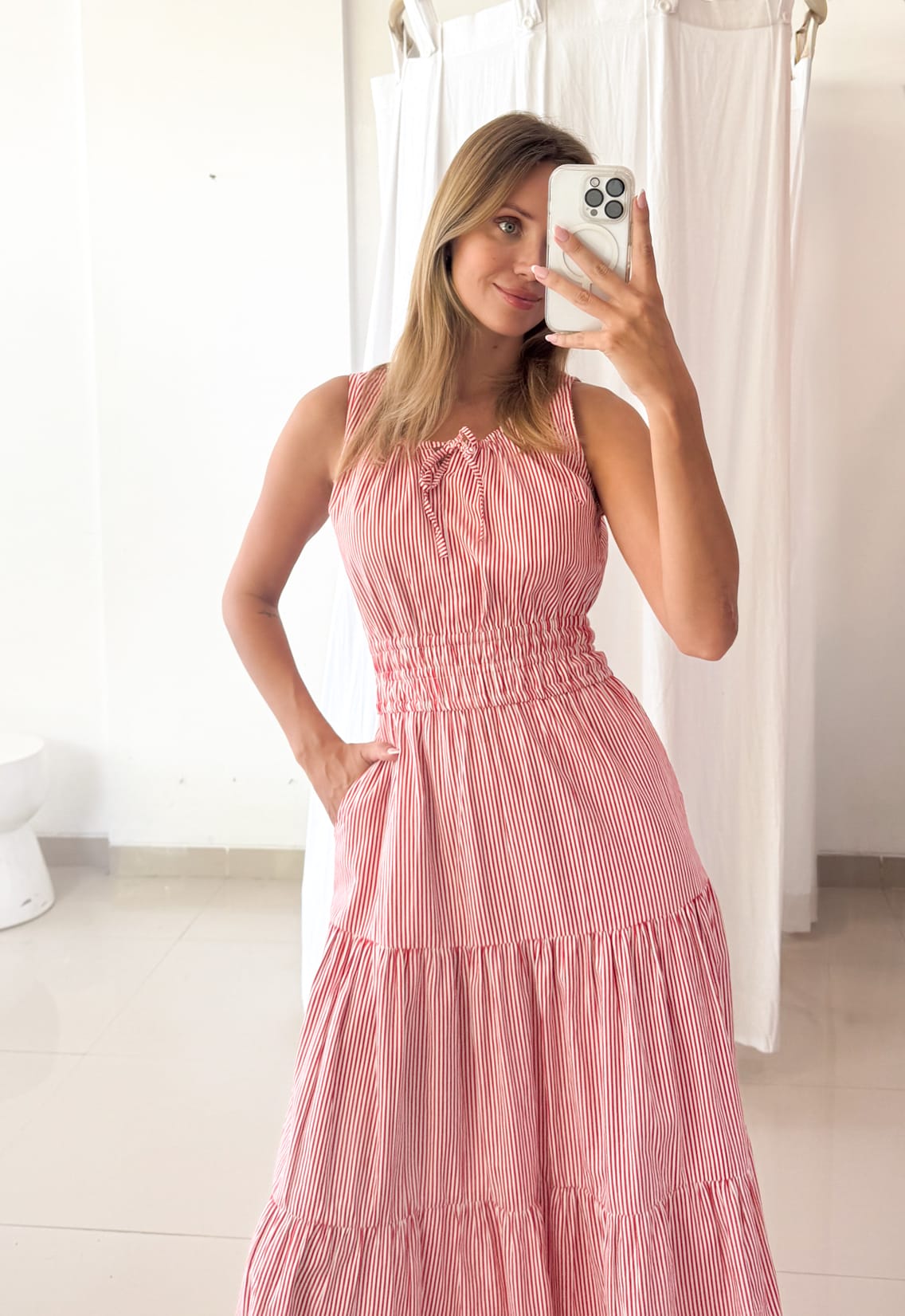 Martina Cherry front view — women's cotton pinstripe midi dress in red and white