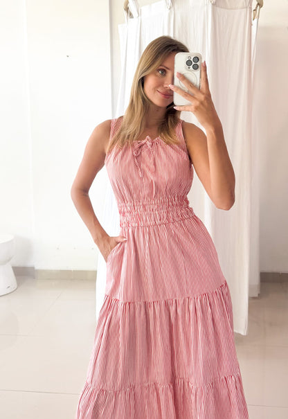 Martina Cherry front view — women's cotton pinstripe midi dress in red and white